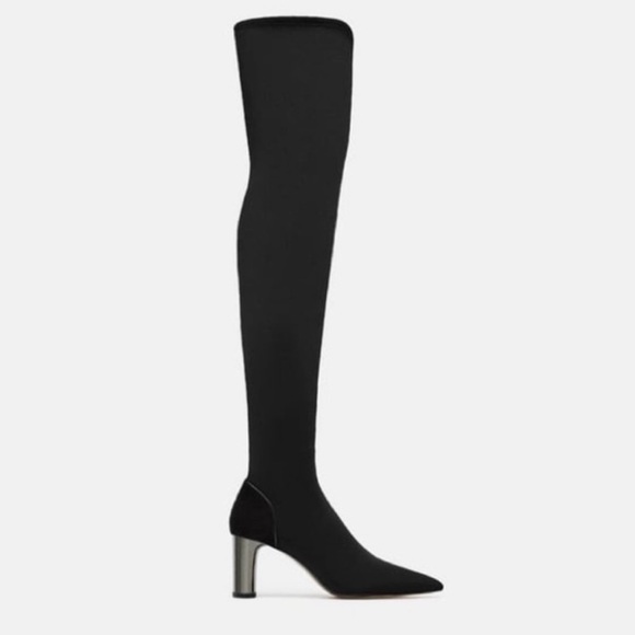 ZARA Over the Knee Stretch Black Boots Silver Heel Size 8 Thigh High Neoprene - Picture 3 of 4